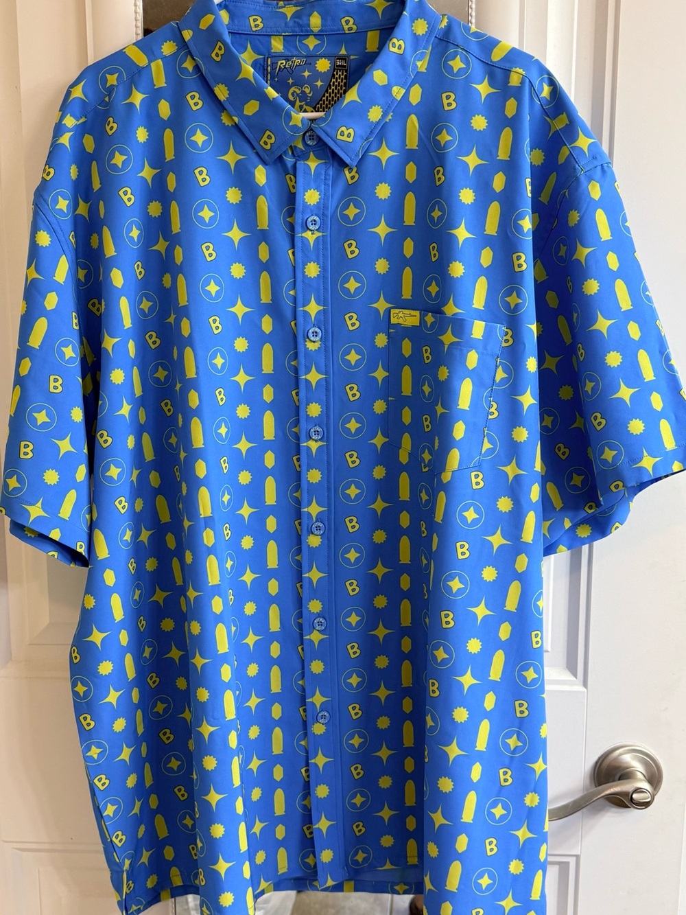 3XL Retro Rifle Brownells Blue Short-Sleeve Button-Up with Yellow Icon Print